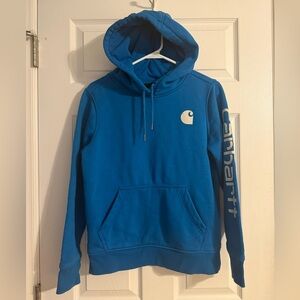 Carhartt Relaxed Fit Hoodie Blue Logo Sleeve XS (0-2) Pullover Sweatshirt